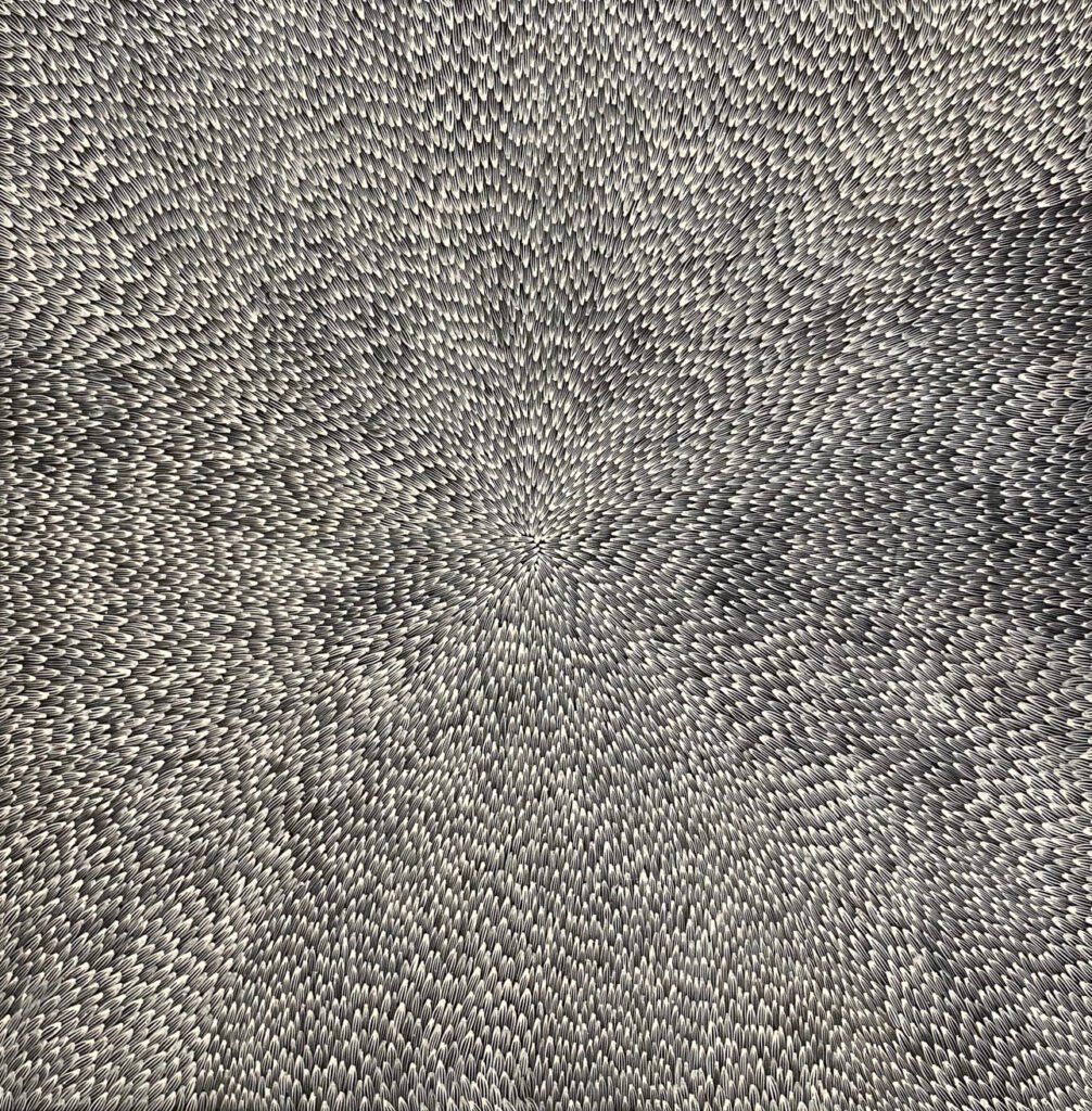 Detailed Aboriginal painting of Abie Loy Kemarre. Abstract painting resembling leaves.