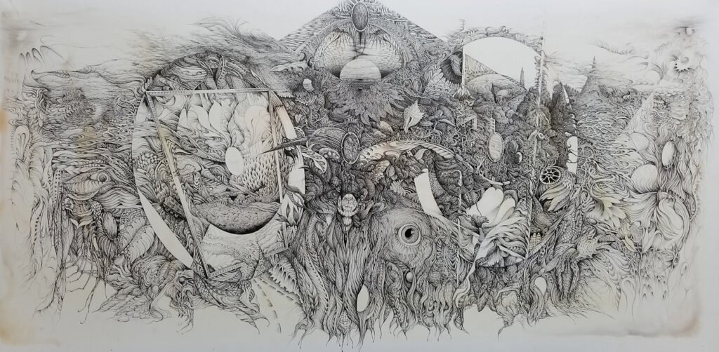 Yasuyuki Ueda, detailed oil pen drawing