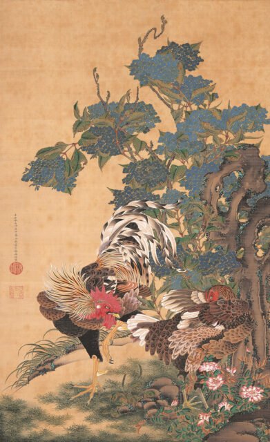 Itō Jakuchū - Rooster and Hen with Hydrangeas